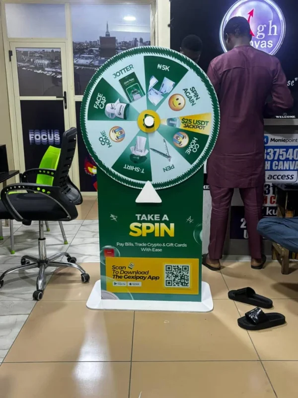Spin and win stand printing